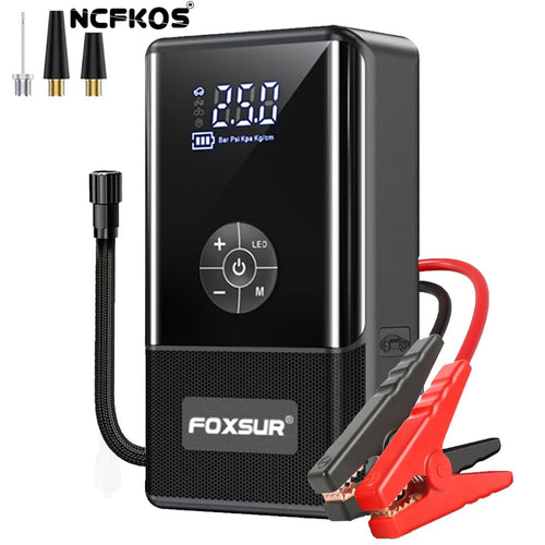 Booster de Batterie 4-en-1 FOXSUR — Démarreur Auto + Compresseur + Power Bank + LED
