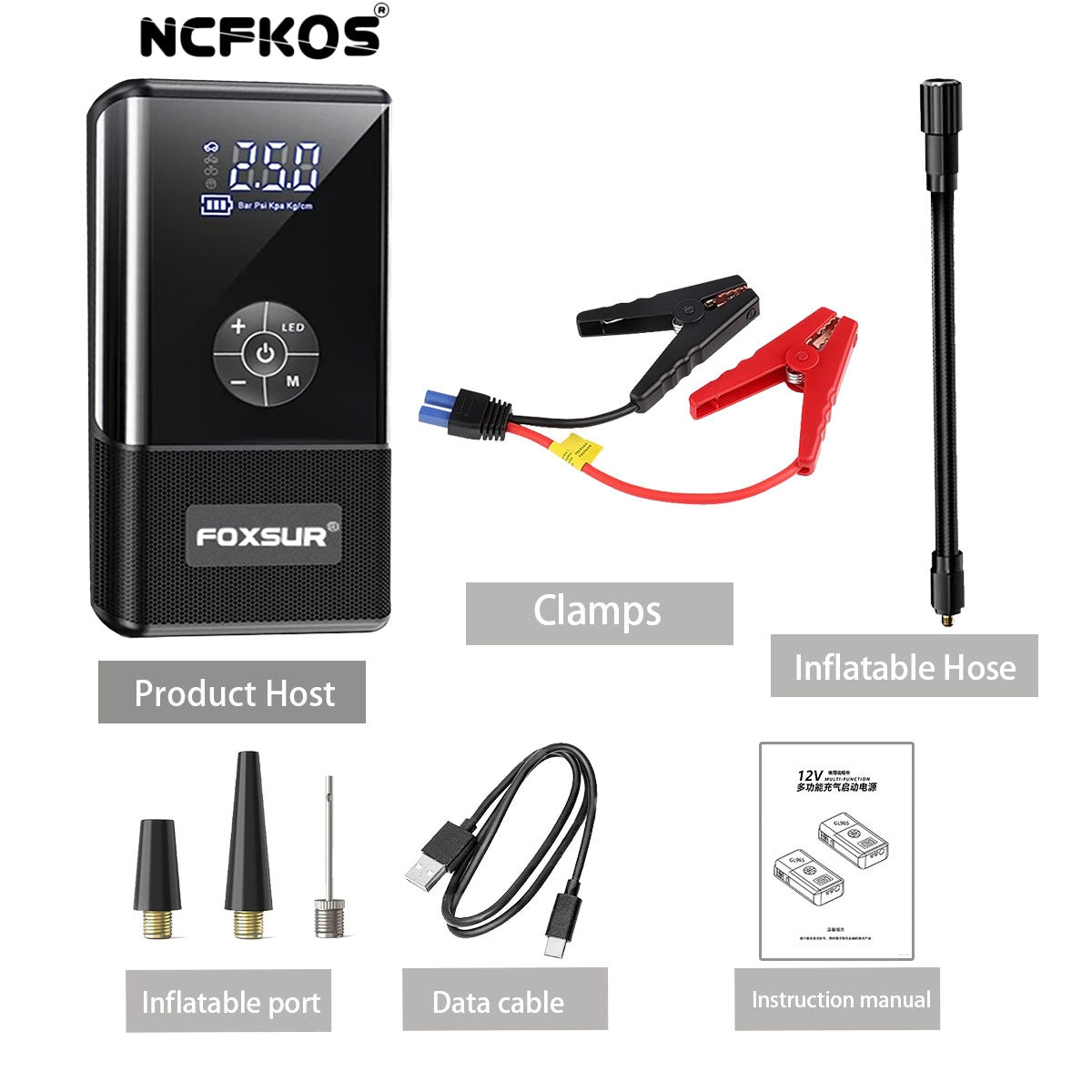 Booster de Batterie 4-en-1 FOXSUR — Démarreur Auto + Compresseur + Power Bank + LED